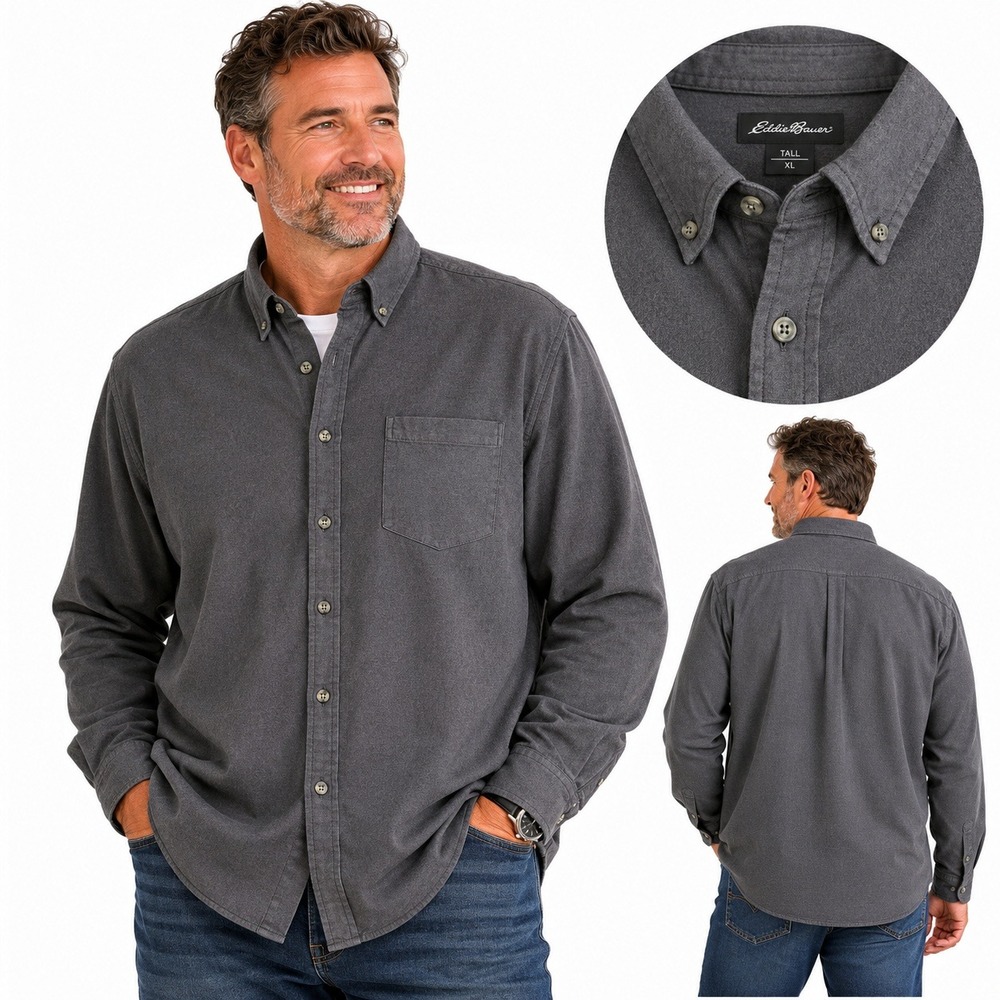 Eddie Bauer Shirt Mens TXL Gray Cotton Twill Long Sleeve Button Down Relaxed Fit